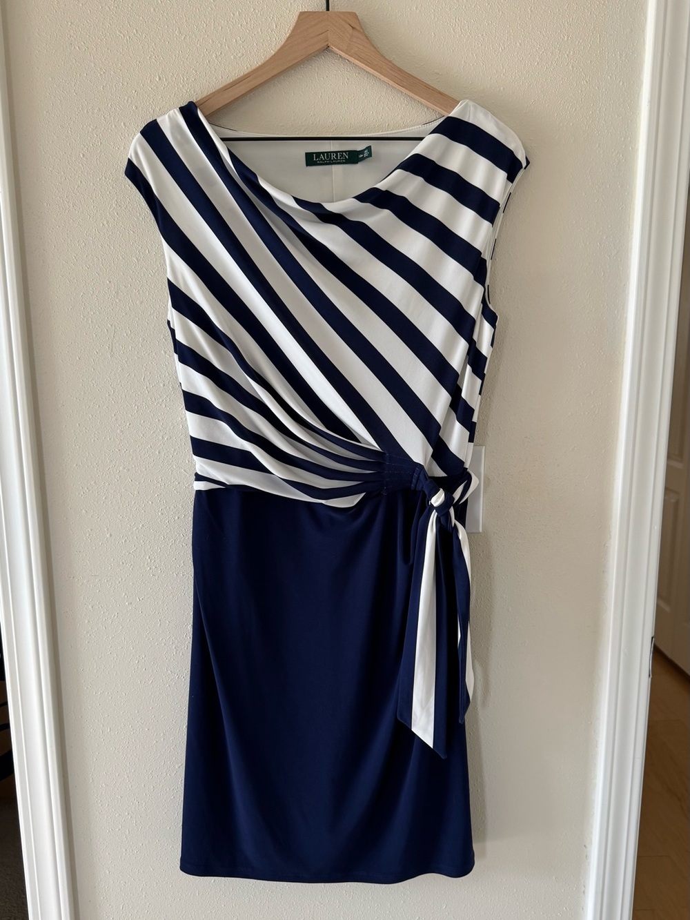 Lauren Ralph Lauren 12P Navy/White Striped Cowl Neck Sheath Combo Dress Side Tie